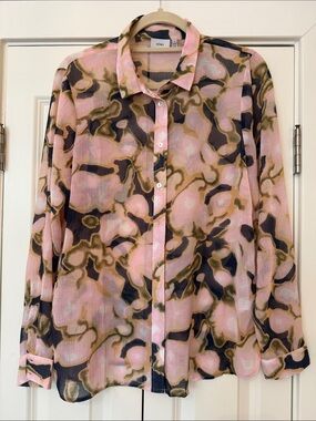 ICHI Pink & Olive Abstract Print Blouse Size 38
